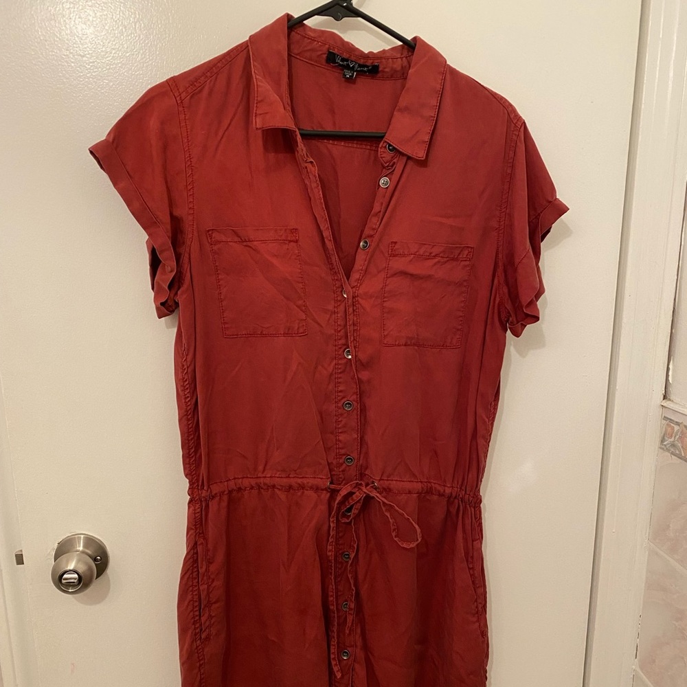 Rusty Red Button Down Dress with Tie Belt